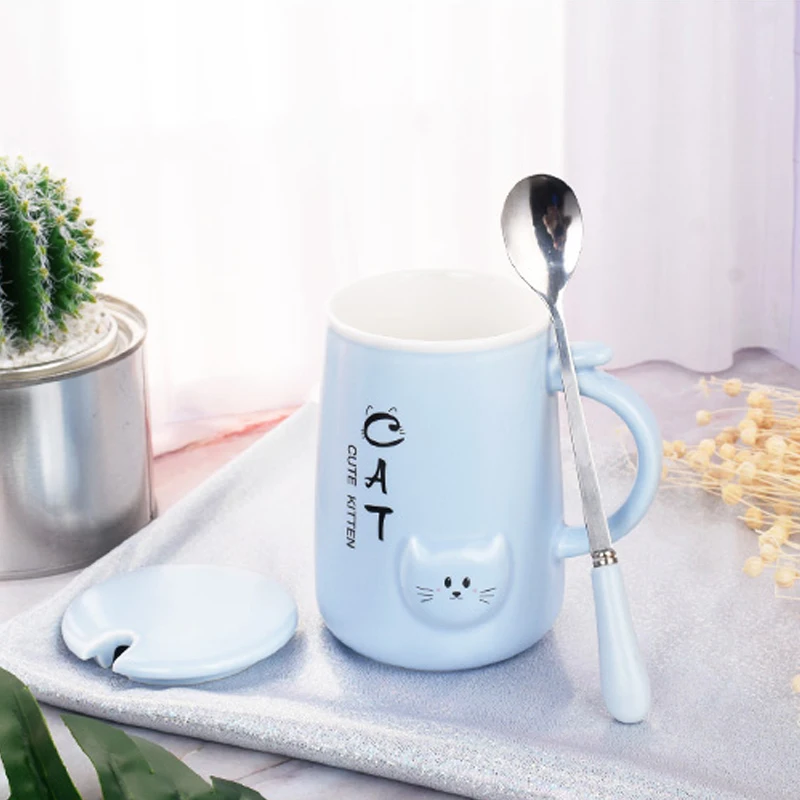 Online Lindo gato 400ml taza para café de cerámica con tapa leche tazas para desayuno taza para el hogar y la Oficina tazas de té de café