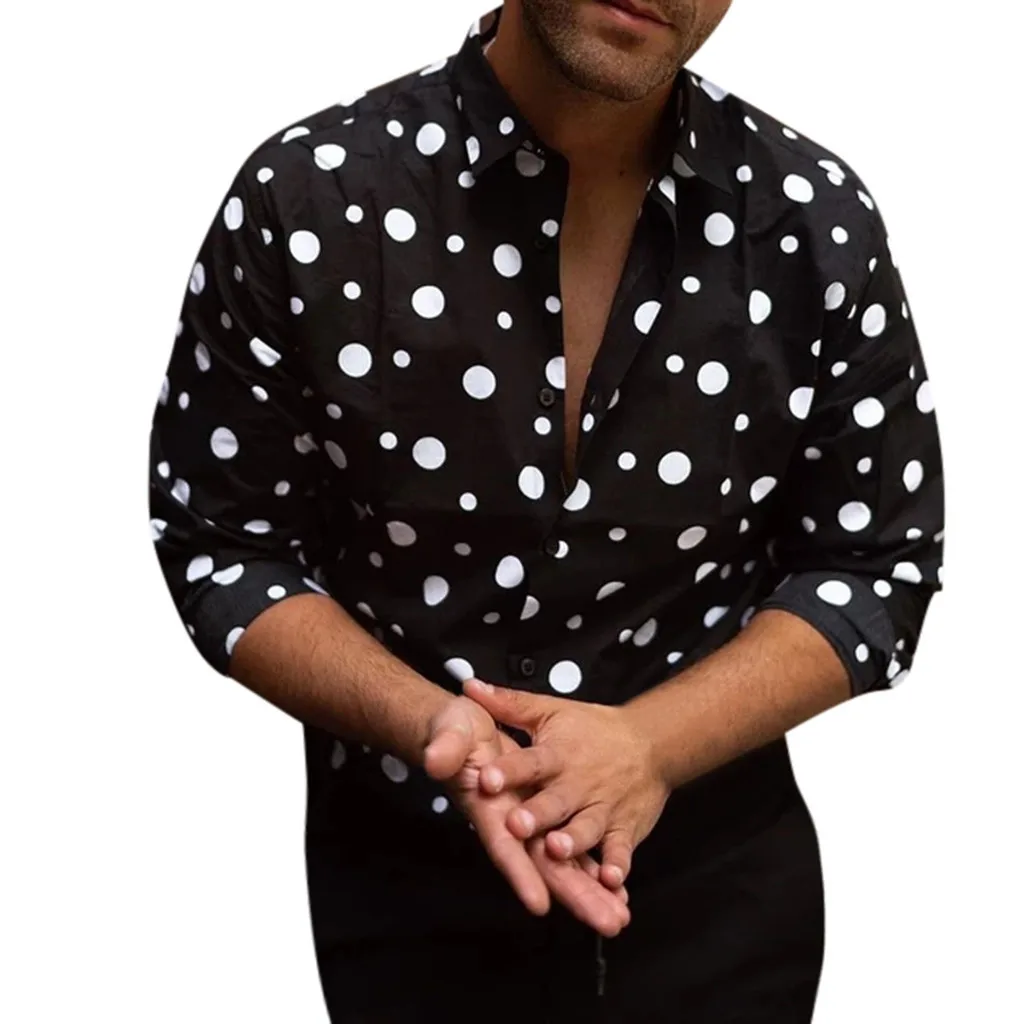 Деловая Мужская рубашка модная Свободная Повседневная рубашка с длинными рукавами в горошек рубашка с отложным воротником дышащая мужская блузка - Цвет: Черный
