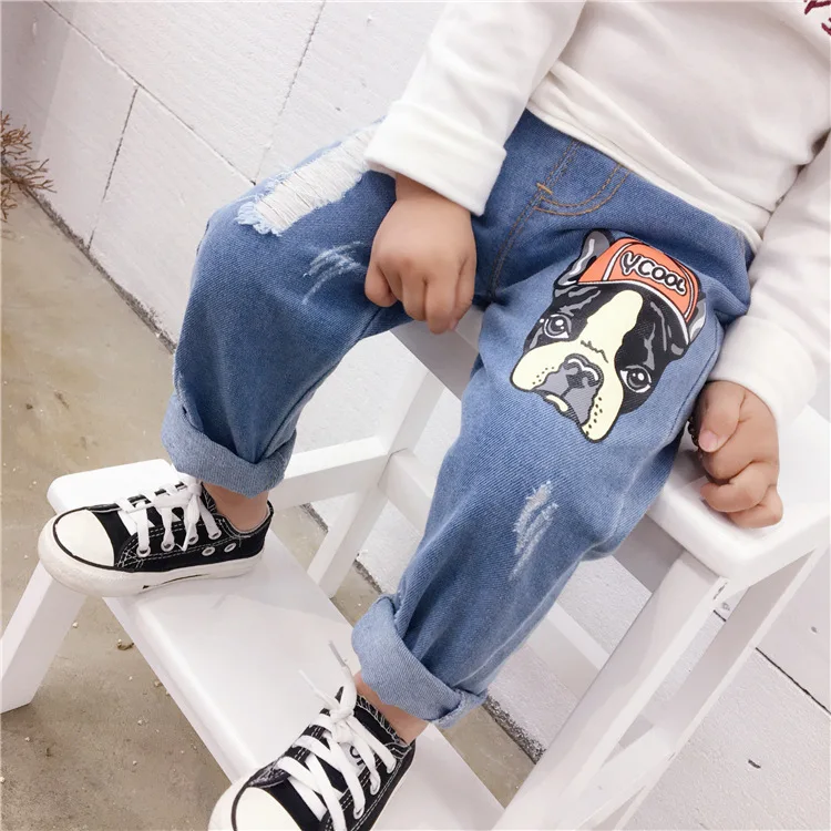 

Small Crawler 2019 Autumn New Korean Men And Women Children Printed Puppy with Holes Jeans