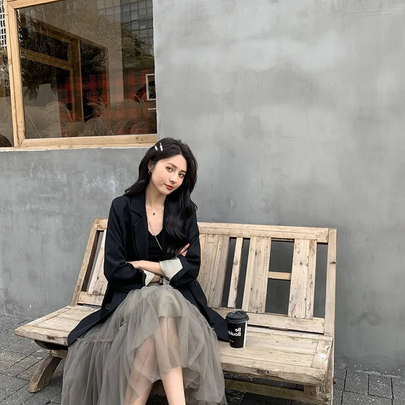 

Suit Jacket Women's 2019 Spring And Autumn Korean-style Long Sleeve Double Breasted Black And White with Pattern Suit Casual Top