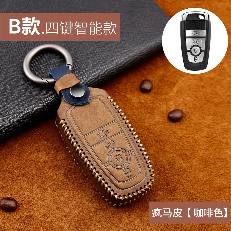 4button brown Чехол для ключей из натуральной кожи, ручной работы, для Ford Mondeo Fusion F150 Mustang Explorer Edge Ecosport F-150 F-250 - Название цвета: 4button brown