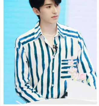 

J2001 Couple Shirt New Blue Graffiti Naval Style Turn-down Collar Long Sleeve Striped Single Breasted Men Women Blouse J2