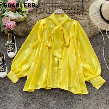 

Ladies Temperament Bow Chiffon Shirt Women's Super Fairy Lantern Sleeve Mid-Length Long-Sleeve Blouse Top Blusa Feminina Blouses