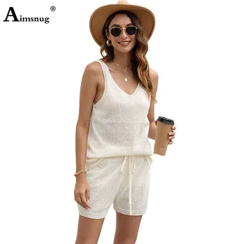 

Aimsnug 2020 Summer Solid White Casual Knitted Tank Tops n Short Pants Set Drawstring Sleeveless Women V-neck Two Piece Outfits