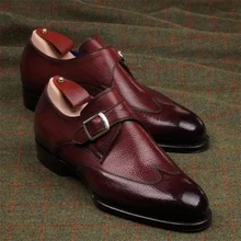 High-end masculino borgonha plutônio lychee padrão apontado dedo do pé único fivela de salto baixo confortável moda casual sapatos monge zq0032