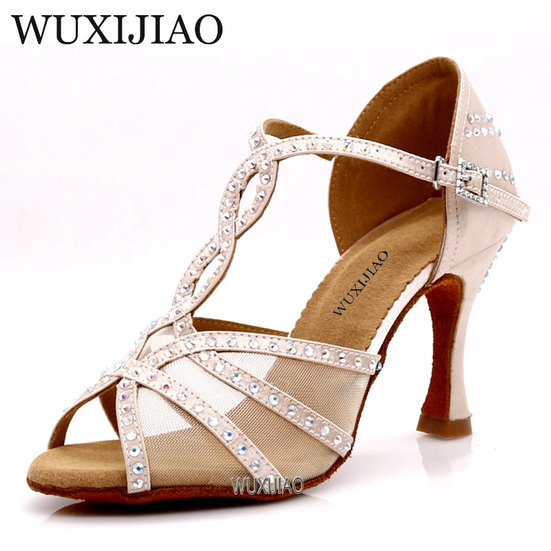 WUXIJIAO Latin dance shoes women's dinner dance shoes bronze skin black satin mesh shiny rhinestones salsa high heels 9 cm dance shoes