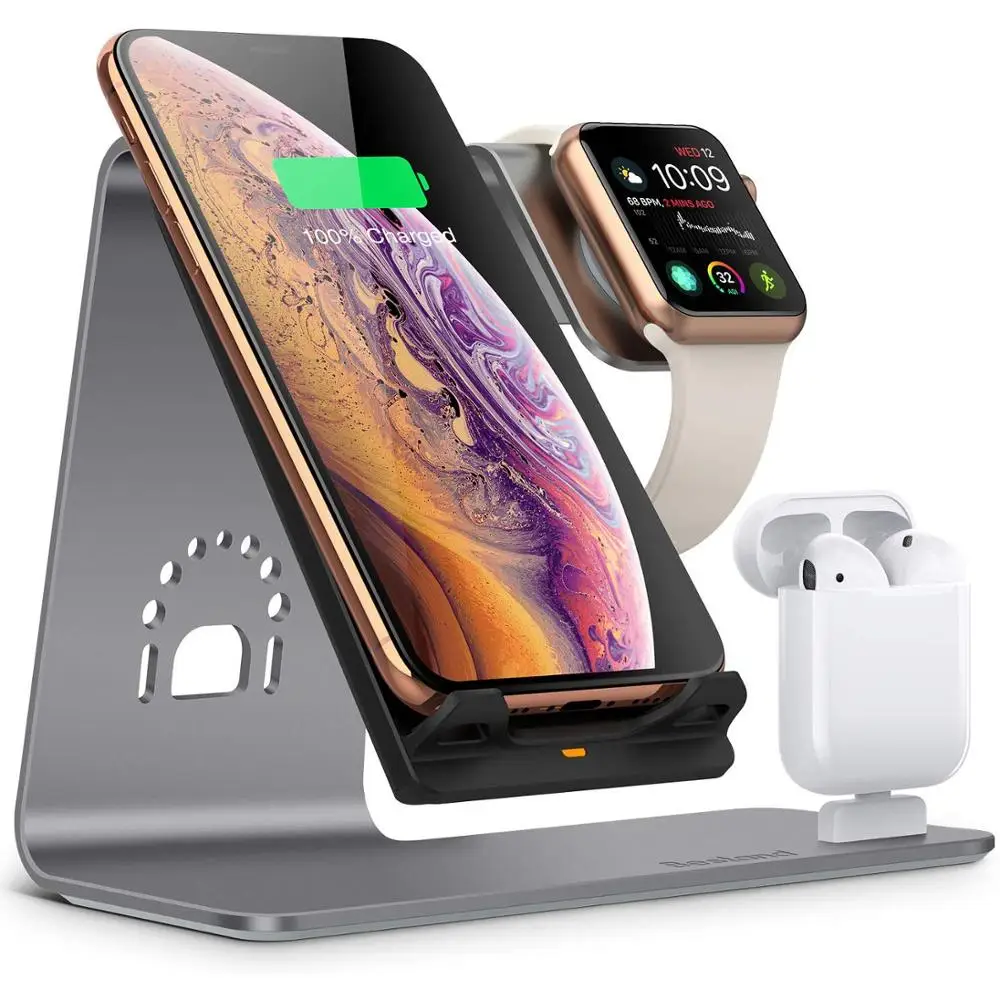 3 в 1 10 Вт алюминиевая Qi Беспроводная зарядная док-станция для Airpods Apple Watch 2 3 4 iPhone 11 X Xs Max XR samsung S10 S9 - Цвет: Серый