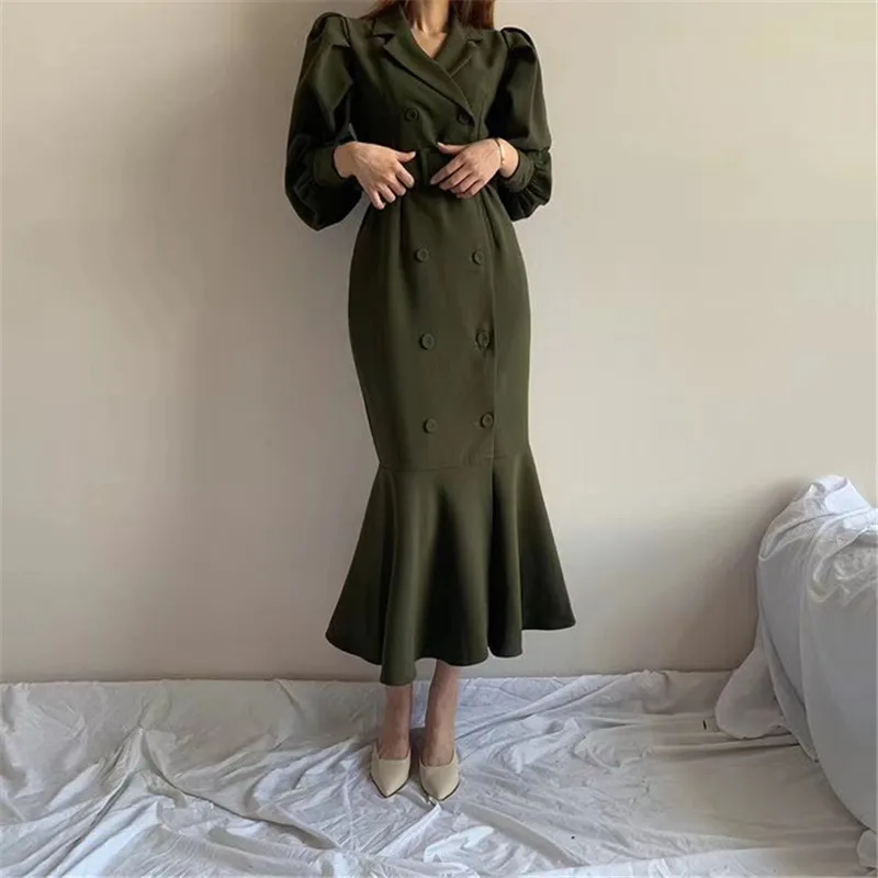 Модное женское однотонное платье с отворотом, двубортное платье русалки с пышными рукавами, осенне-зимние платья на шнуровке, vestidos mujer