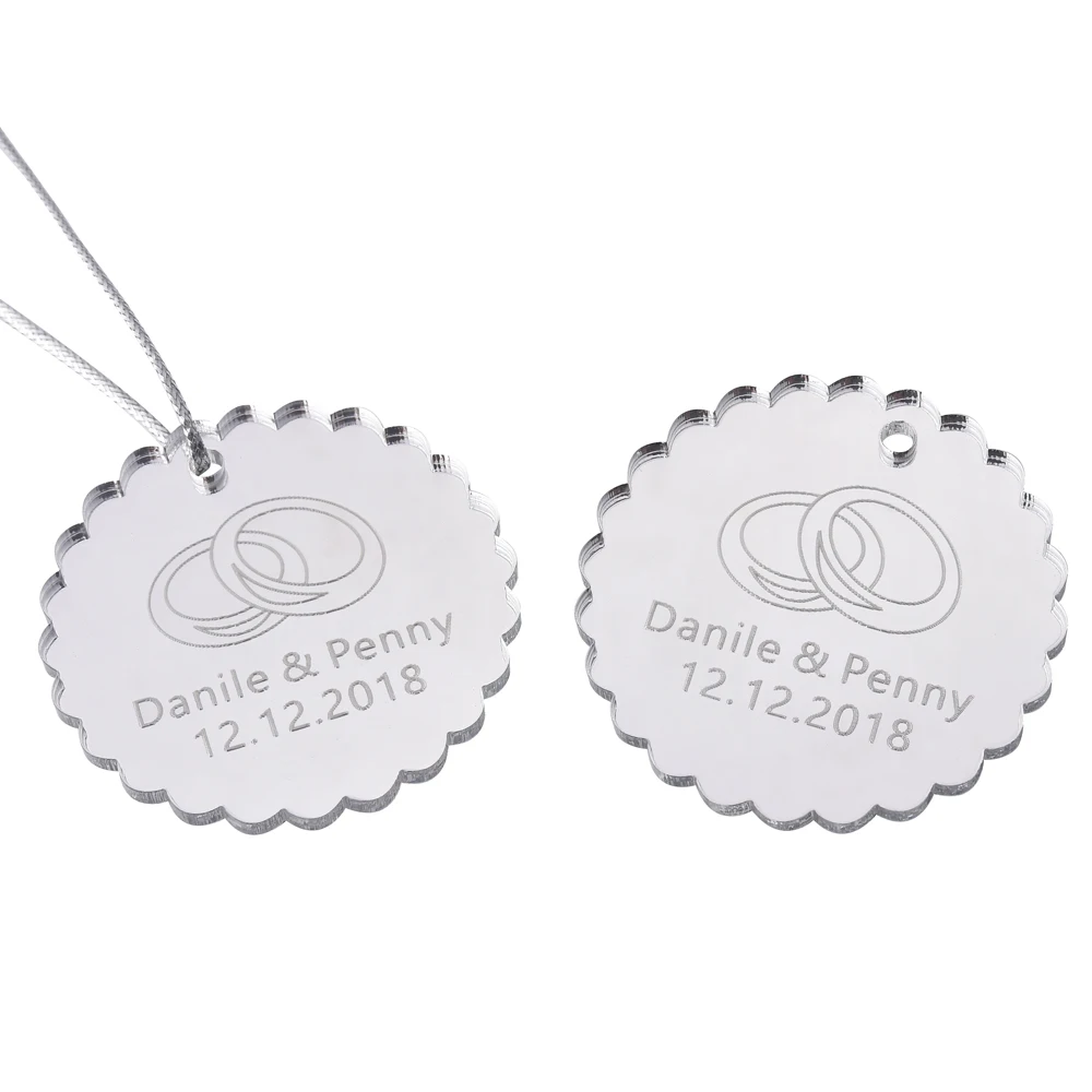 

10Pcs Personalized Engraved Sculpture Mirror Round Wedding Tags Silver Gold Baptism Tag Favor Party Gifts Decor Baby Shower Gift
