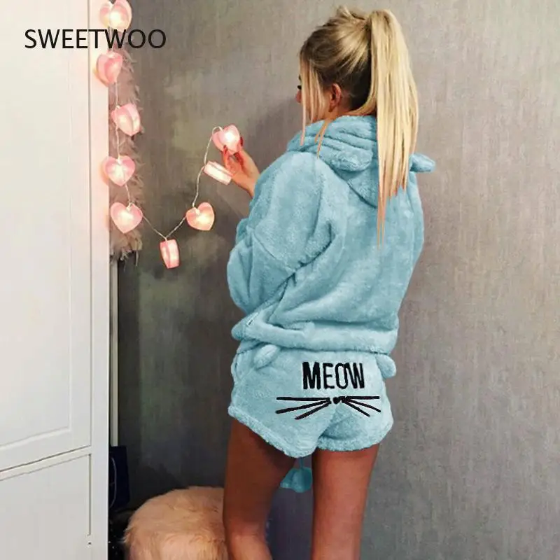 Women's Pajamas Set Winter Sleepwear Pajamas Warm Hooded Flannel Pajamas Hoodie Shorts Set Christmas Female Home Sexy Women