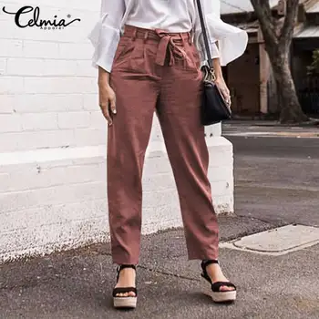 

Vintage Linen Pants Women Summer High Waist Trousers 2020 Celmia Fahion Harem Pants Pockets Casual Belted Pantalon Femme S-5XL