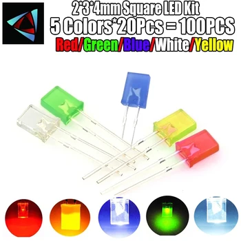 

100PCS/LOT 2*3*4mm Square LED Kit Light-emitting diode Kit 2X3X4 LED Diode Red Yellow Green Blue White 5 Colors