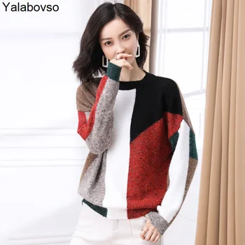 

Sweater Woman Long sleeves O neck Loose Clothes oversized Color patchwork Pullover Long Sleeve Knitting tops