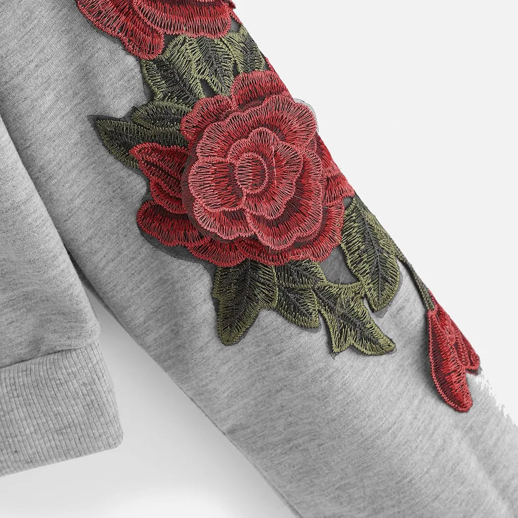 JAYCOSIN Fashion Women Casual Rose Applique Long Sleeve Sweatshirt Casual Popular Chic Solid Elegant Blouse Sweatshirt