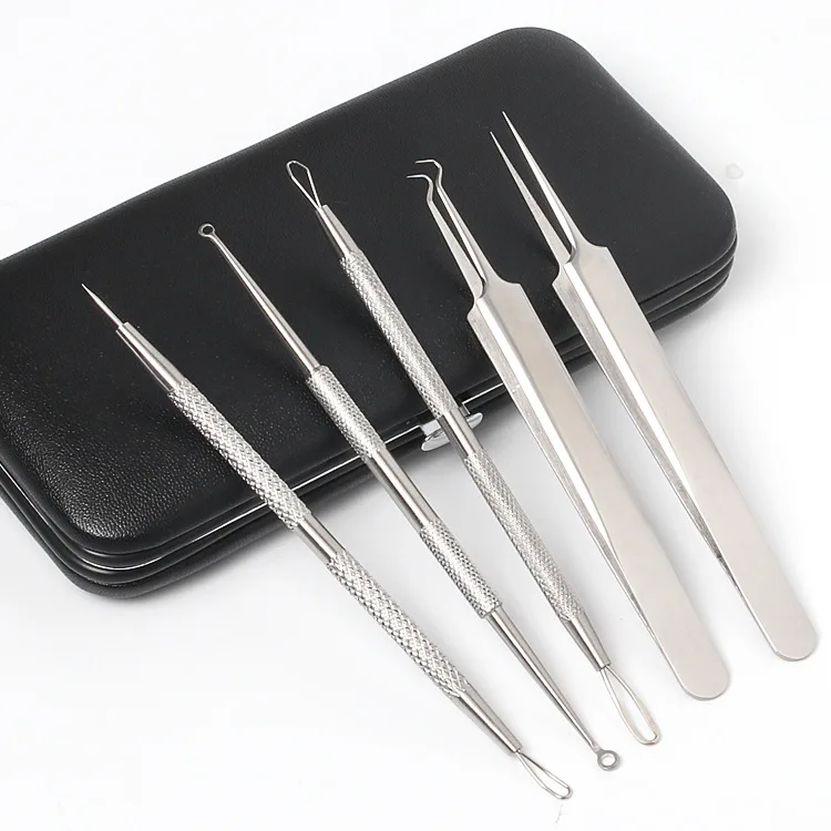 

Exhibition Stainless Steel Double Headed Acne Pin 5 Pieces Set Professional Blackhead Squeeze Acne Needle Acne Tools Wholesale