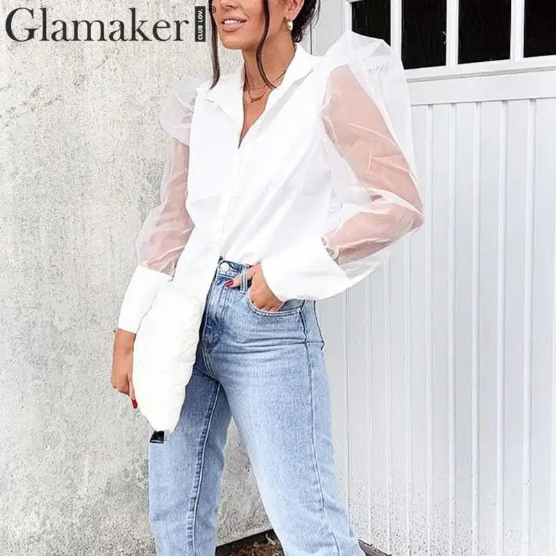 Glamaker белая сексуальная прозрачная офисная блуза с пышными рукавами женская