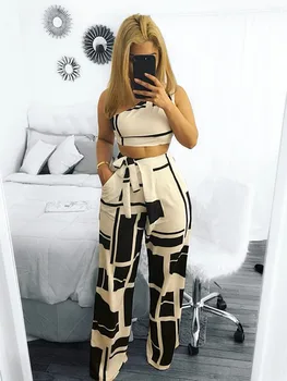 

Sheath Color Blocks Oblique Collar Women's Outfit Sexy African Fashion Tops and Wide Legs Pants Women Set Causal Two Piece Set