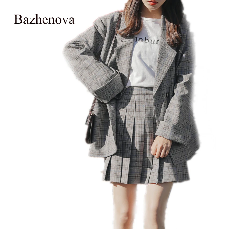 【Bazhenova】2019 Nieuwe Meisjes Rok Set Chic Kleine Pak Losse Jas Whit Mini Rok Vrouw Herfst Student Lattice Tops R017 【Bazhenova】2019 Nieuwe Meisjes Rok Set Chic Kleine Pak Losse Jas Whit Mini Rok Vrouw Herfst Student Lattice Tops R017