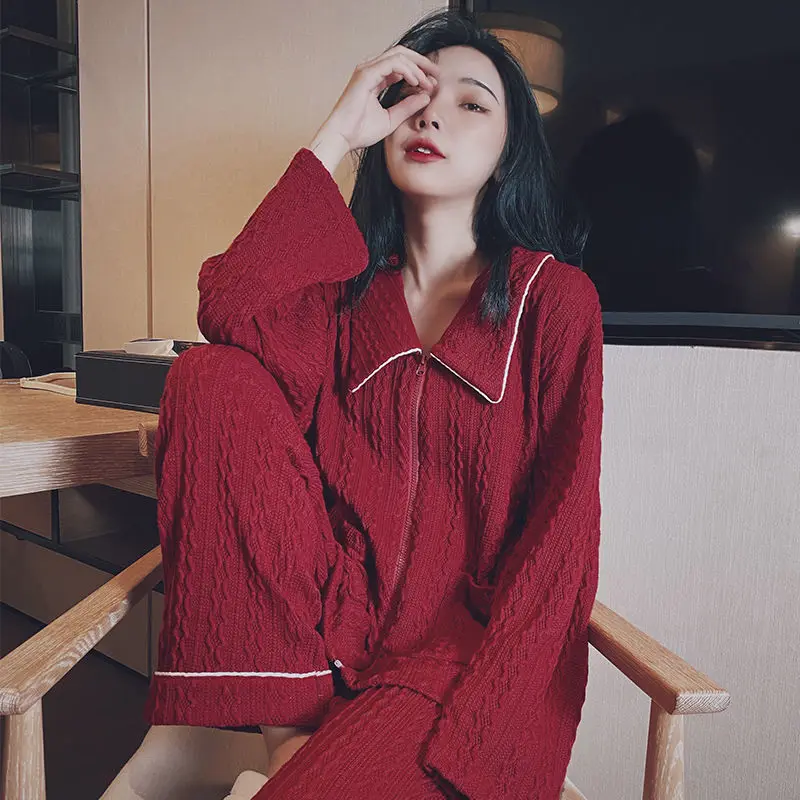 

Newly-Married Women Pajamas Suits Spring and Autumn Pure Cotton Long-sleeve Suit Bright Red Wedding Marriage Cardigan and Pants