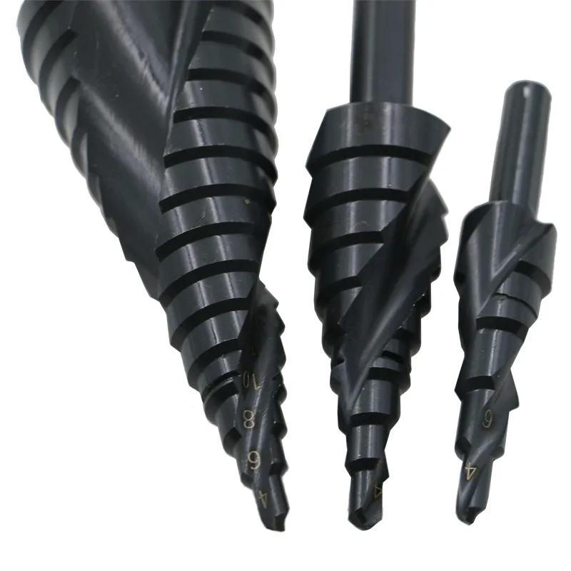 

Nitrided Black Spiral Groove Triangular Shank Titanium Plated Step Drills Set of 3 High-speed Steel Mortising Chisel Woodworking