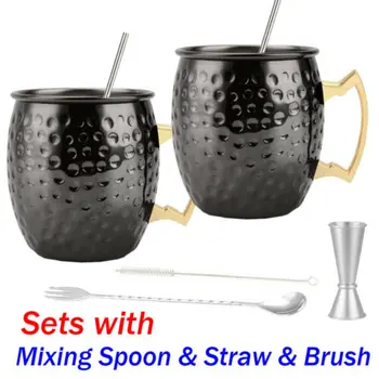 

2pcs Moscow Mule Mugs Stainless Steel Hammered Solid Cup Set 16oz Cocktail straw