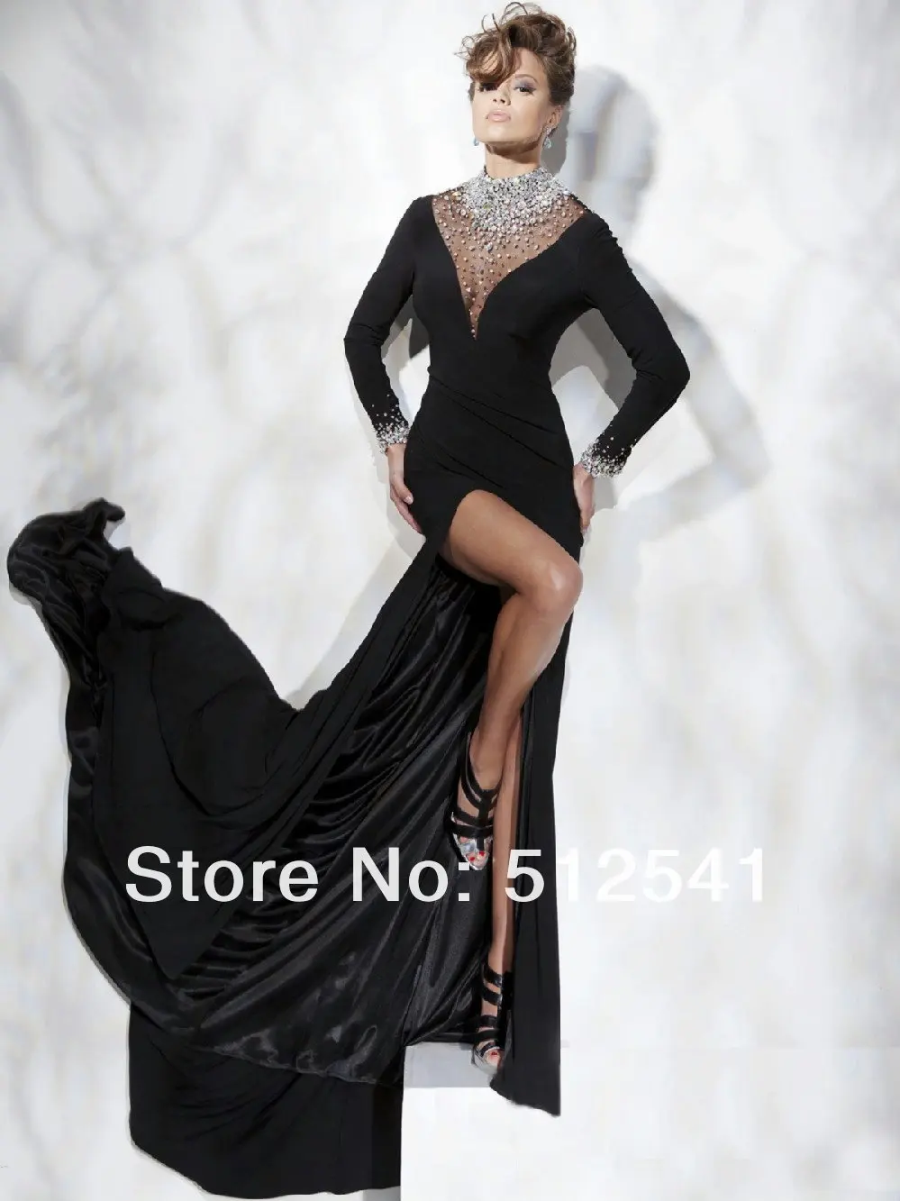 

Formal Evening Dress With long sleeves Sheath Rhinestone crystal black Chiffon floor-lenght Free Shipping Custom Made 2019
