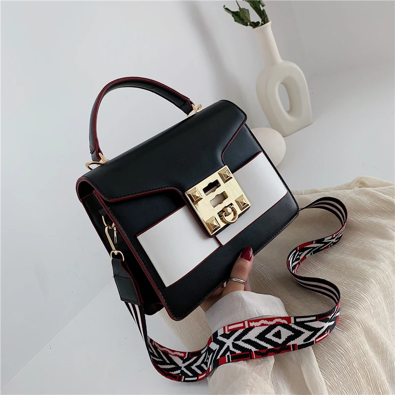 

Contrast Color Flap Bags 2019 Hot Square Shoulder Bag Messenger Bag Messenger Women's Wide Shoulder Strap Shoulder Bag