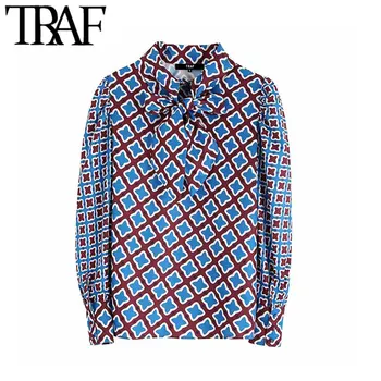 

TRAF Women Vintage Stylish Office Wear Print Blouses Fashion Bow Tie Collar Long Sleeve Female Shirts Blusas Mujer Chic Tops