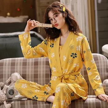 

New 3 PCS Women Pajamas Sets With Pants Sexy Pyjama Cotton Floral Printed Nightwear Soft Sleepwear Pijama Mujer