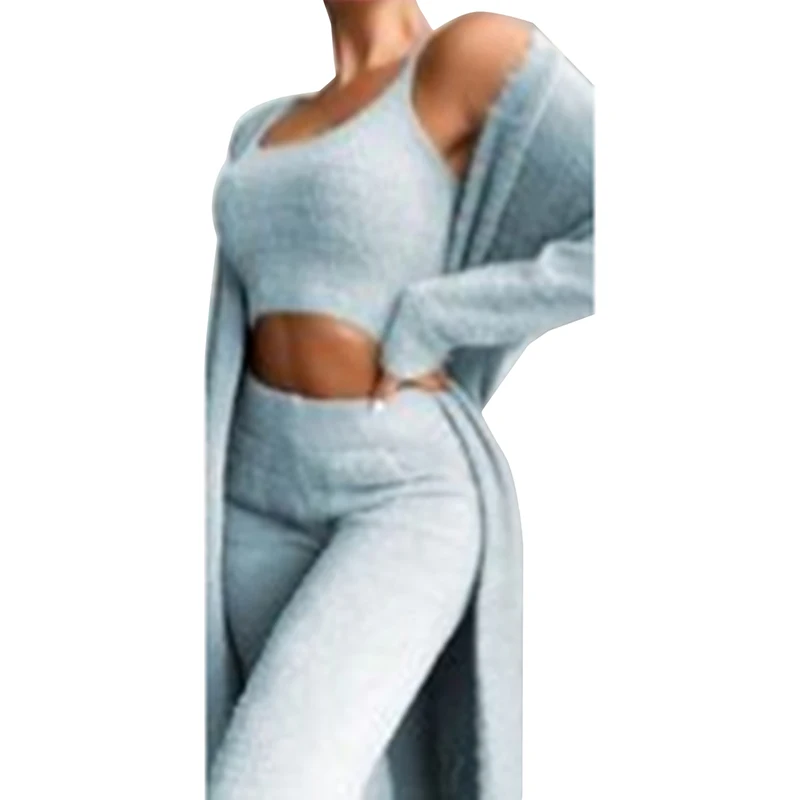 Autumn Winter Soft Fluffy Three Piece Sets Women Sexy Off Shoulder Crop Tops  And Long Pants Homesuit Casual Cardigan Sleepwear
