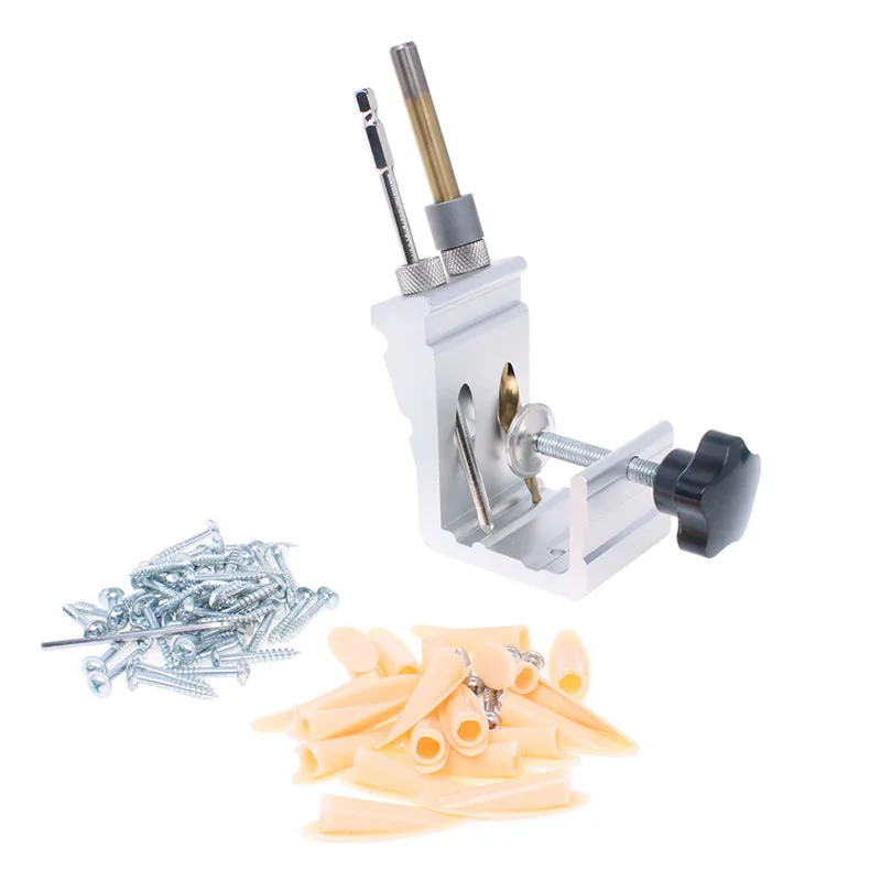 Pocket Hole Puncher Jig Kit Angle Drill Guide Set for Wood Hole Saw Step Drill Bits Screwdriver Bit with Pocket Plugs Screws