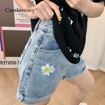 

CamKemsey New Summer Denim Shorts Woman 2020 Fashion Letters Floral Embroidery Spring Casual High Waist Wide Leg Denim Shorts