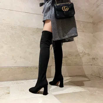

flock Femle Round Toe Sexy Chunky Heel pull-on party Woman high suede long boots 2020 spring and autumn black khaki gray 34-43