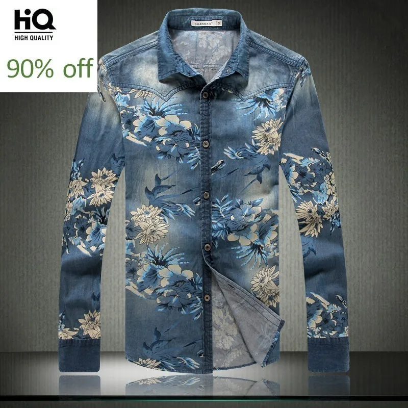 

2020 New Spring Men Shirt Long Sleeves Jeans Print Flower Korean Style Shirt Men Plus Size 5XL Clothes for Male Camisa Masculina