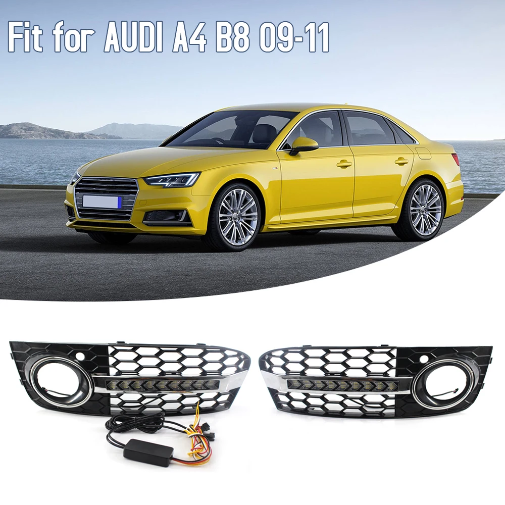 

Hot New 2pcs Car Front Bumper Fog Light Grilles Honeycomb Grille Led Turn Signal L & R Mesh Fit for AUDI A4 B8 09-11