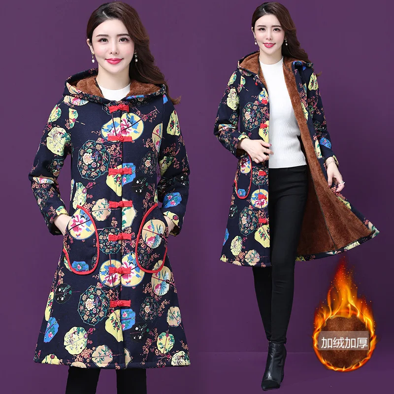 

Winter New Style Elegant by Age Mid-length Hooded Cotton Linen Printing plus Velvet Warm Middle-aged Women Dress Cotton Coat Tre
