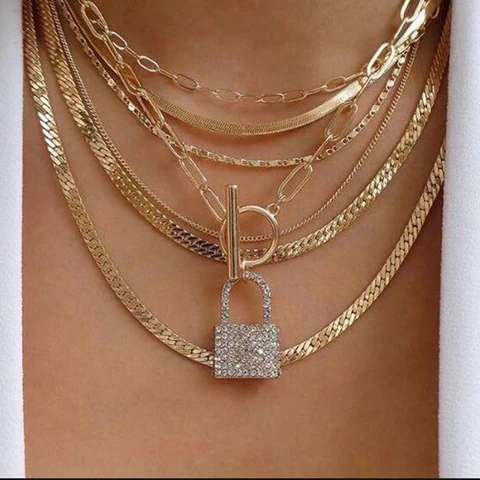 Fashion Gold Lock Snake Chain Necklaces For Women Multilevel Female Luxury Crystal T-shaped Buckle Pendant Necklace Jewelry