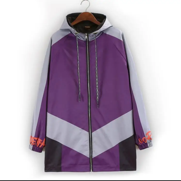 

2019 new women trench coat fashion purple patchwork oversize loose hooded zipper long coat outerwear