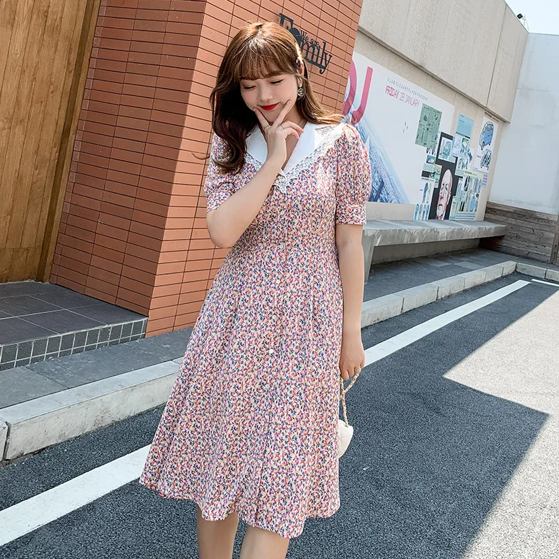 Women's summer printed suit collar lace button commuter dress plus size