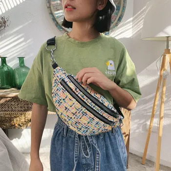 

Canvas Waist Bag Women Streetwear Fashion Floral Purse Woven Wool Sport Waist Lovely Shoulder Chest Bag Women rinonera mujer