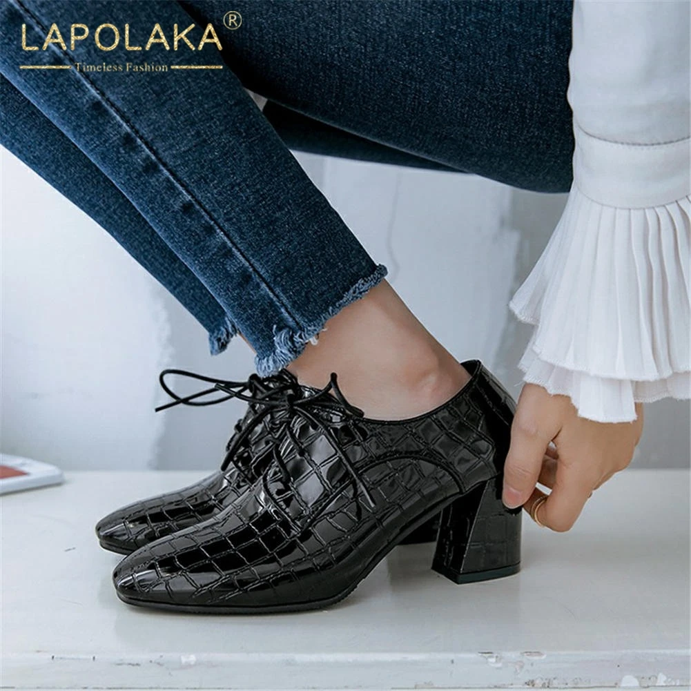 

LAPOLAKA New Sqaure Toe Plus Size 43 Chunky High Heels Wholewholesale Office Lady Woman Shoes Lace Up Shoes Women Pumps