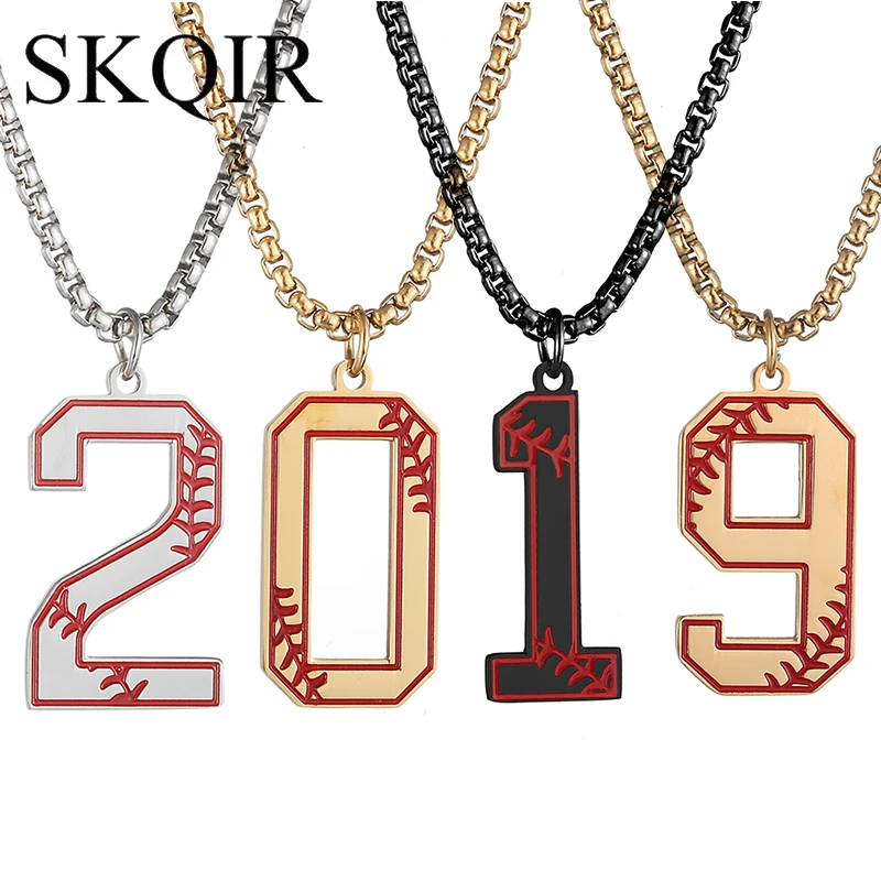 

Lucky Sport Number Baseball Bat Pendant Dangle Football Zero-Nine Numbers Black Gold Stainless Steel Necklace For Hombre Jewelry