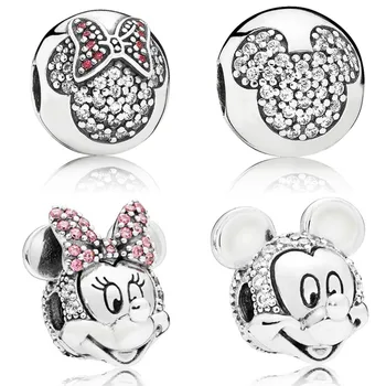 

2020 Mickey Series 925 Sterling Silver Mickey Pave Clip Charm Fit pandora Bracelet Minnie Pink Pave Bow Charm DIY Jewelry