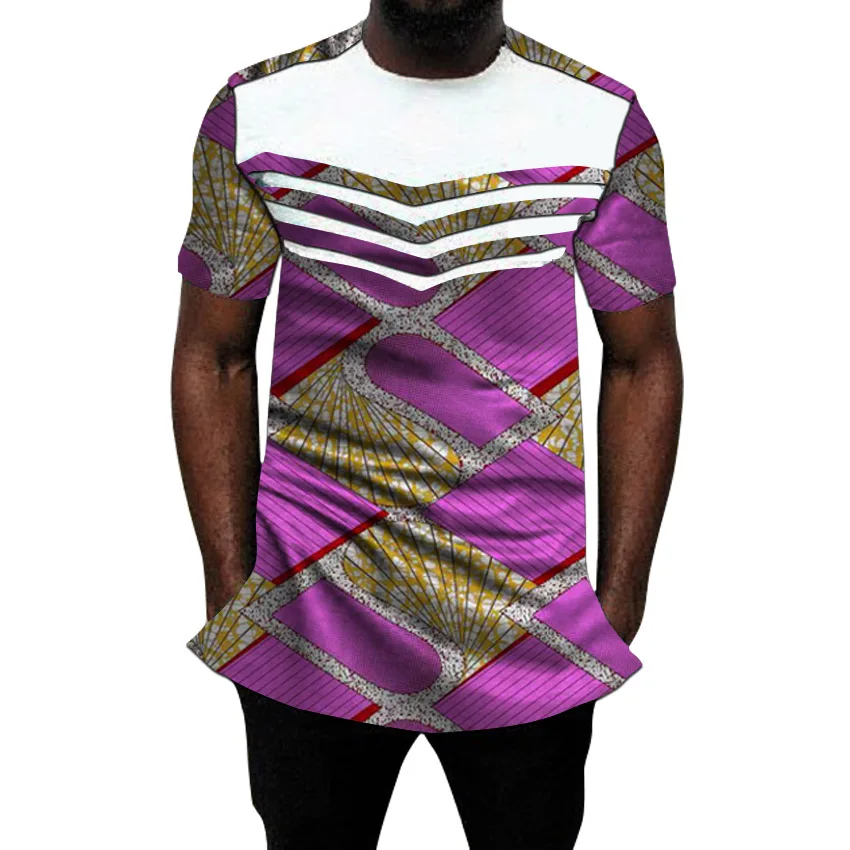 

African men's Ankara shirt o-neck tops man dashiki white/wax mix summer patchwork shirts custom made African groom outfit