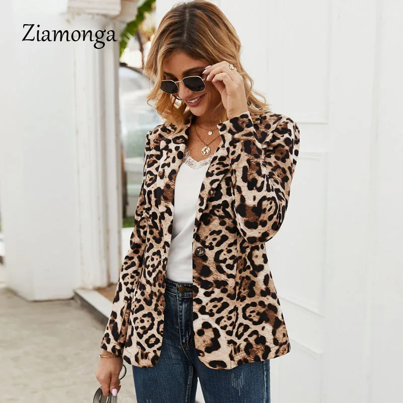Ziamonga Plus Size XL Women Leopard Print Blazer Womens Jacket Coat Fashion Vintage Autumn Long Sleeve Coat Vogue Blazers Jacket