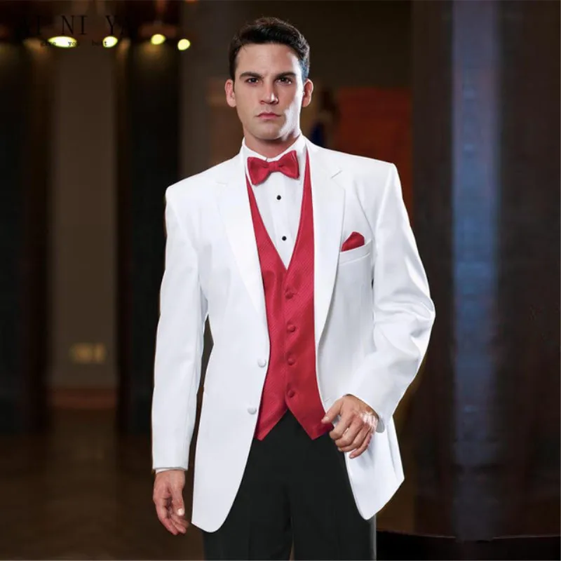 

White Jacket Red Vest Black Pants Men Wedding Suits Reached A Peak Formal Lapel Men Suits Groom Tuxedos 3 Piece Suits 294