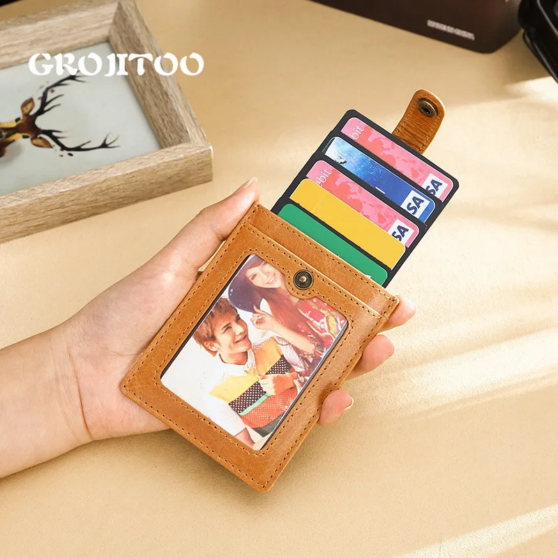 

2020 Autumn New strap buckle card cover genuine leather transparent window casual oil leather card bag