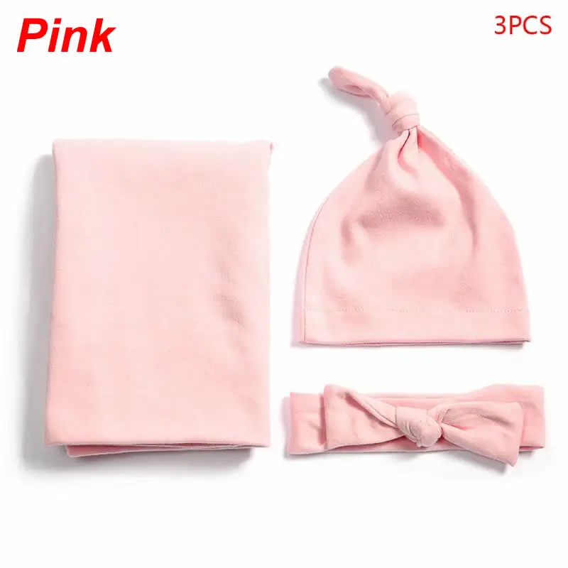 Pink 3 шт./компл. Детские Полотенца Одеяло повязка на голову комплект одежды из хлопка детское одеяло шляпа оголовье, набор для новорожденных Пеленальное Одеяло Полотенца повязка на голову - Цвет: Pink