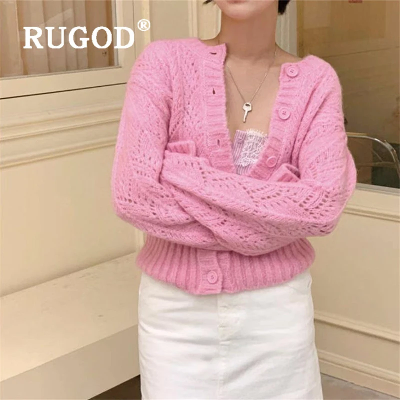 RUGOD вязаный Укороченный кардиган, свободный свитер с дырочками, женские свитера, Зимние Топы для женщин, вязаная винтажная одежда Kpop