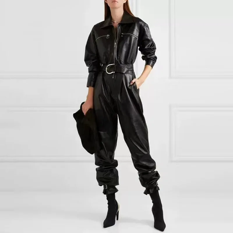 

2020 Autumn Locomotive PU Leather Onesie Cool Western Style Black Turn-down Collar Waist Hugging with Belt Harem Pants Women's